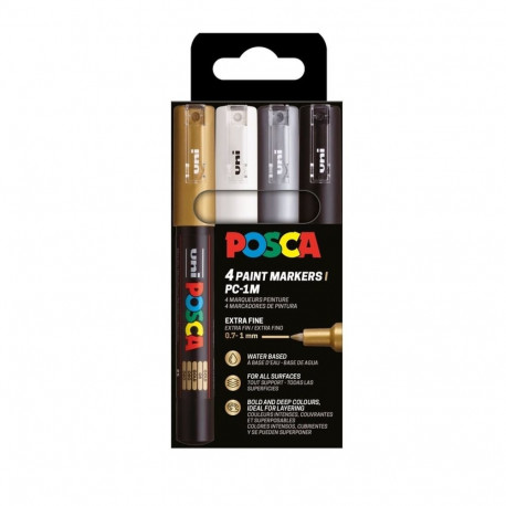 uni POSCA marker PC-1M, ülipeen 0,7 mm ots, 4 tk: kuldne, hõbedane, must, valge