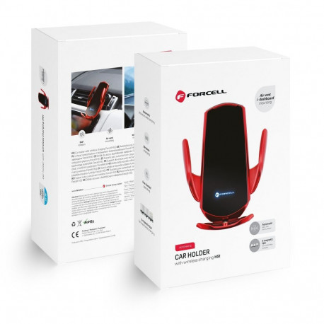 Wireless car phone holder automatic Forcell F-Grip HS1 Qi 15W windshield / air vent red