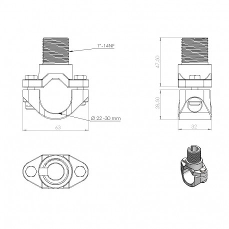 10000-101 Universal Nylon Rail Mount 1"-14NF for GPS and lightweight antennas