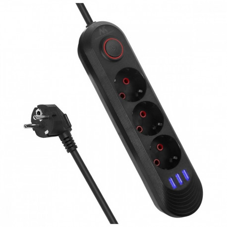 Power strip MCE394 B, 1.5m, 3 sockets + 2xUSB, 110-240V AC 50/60Hz, 2.1A max 2500W, black