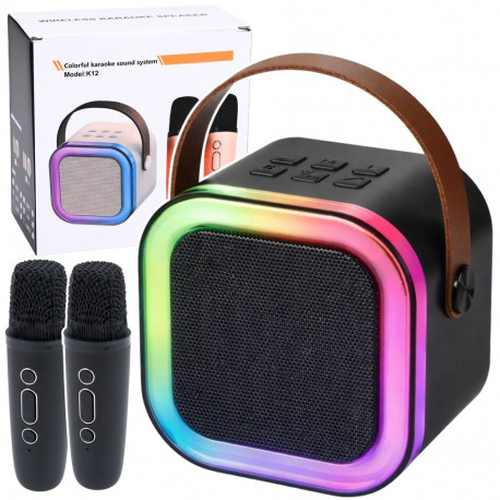 Zestaw Do Karaoke Głośnik Dwa Mikrofony Światła LED Czarny