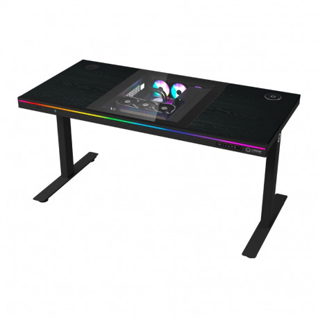 Dual-motor sit/stand adjustable-height gaming desk with built-in PC case, wireless charger, RGB ligh