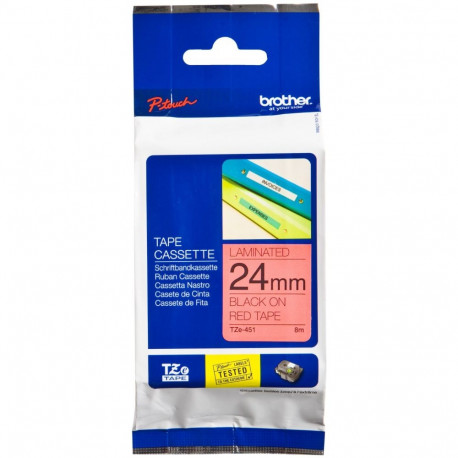 Etiketilint TZe-451 24mm, must tekst punasel taustal