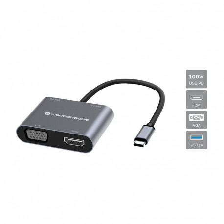 "CONCEPTRONIC 4-1 Dock USB-C->HDMI.USB3.0.VGA.100WPD 15cm gr"