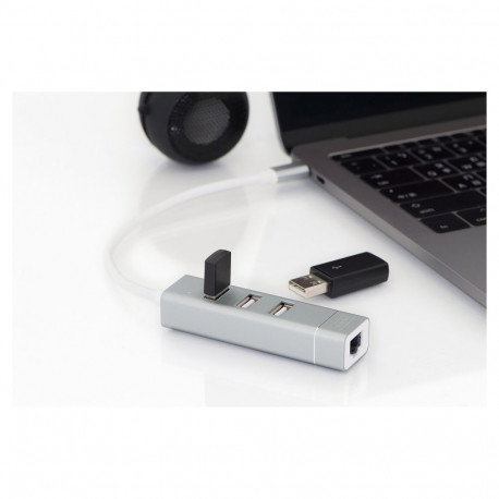 "DIGITUS USB Adapter USB2.0/C -> RJ45 Ethernet+3-Port-Hub wei"