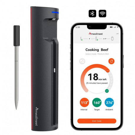 Meatmeet Pro smart kitchen thermometer with Bluetooth/WiFi app, grill, oven, smoker - black