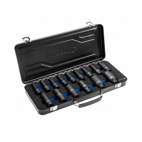 Hogert HT4R049 impact socket set, 15 pcs, 1/2", CrMo, 10-32mm, DIN 3121, hex profile, metal case