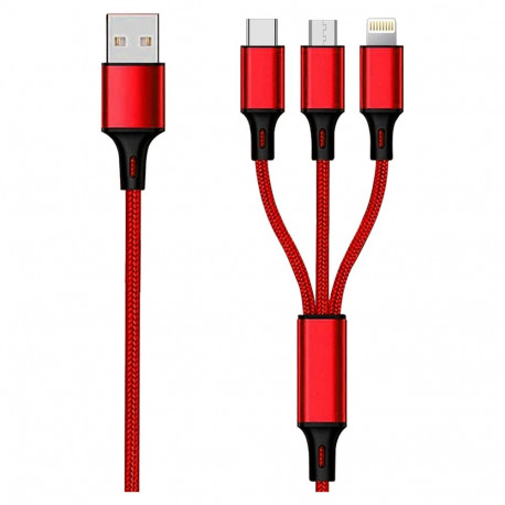 2GO 3in1 USB laadimiskaabel Micro-USB, Apple, TypeC nailon 1,5m punane