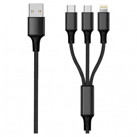 2GO USB-laadimiskaabel 3in1 Micro-USB, Lightning, USB-C, nailon 3m, must