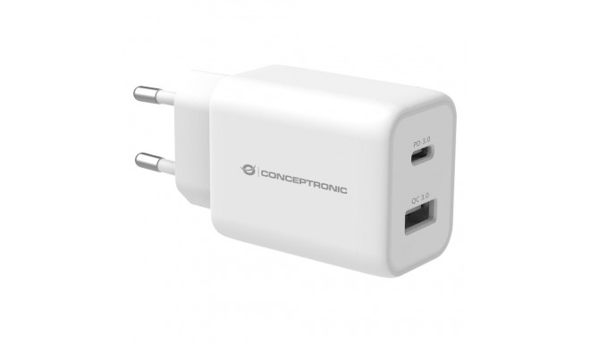 Conceptronic 2-pordiline USB-C/-A 33W PD 3.0/PPS valge laadija