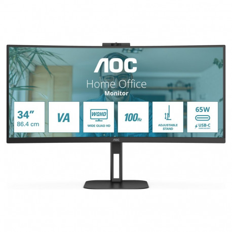86cm/34" (3440x1440) AOC CU34V5CW 21:9 VA 1ms 100Hz HDMI DisplayPort USB-C KVM VESA kõlarid veebikaa