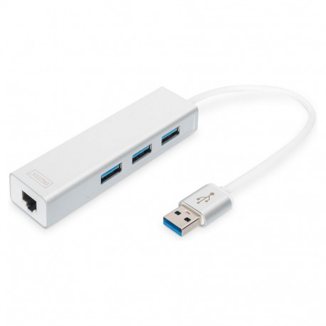 DIGITUS USB-jaotur 3 pordiga 3.0 3xA3.0 1xLAN integreeritud kaabel valge