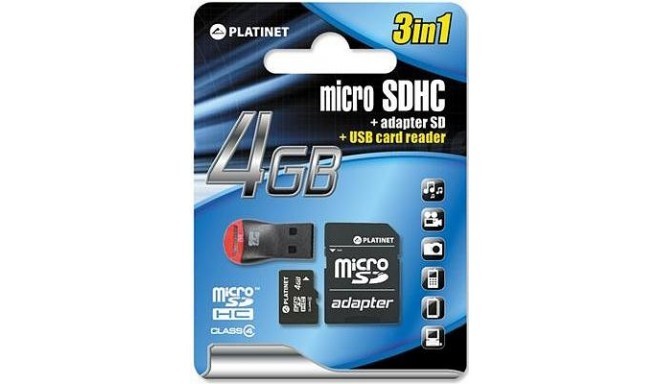 Platinet memory card microSDHC 4GB + adapter + card reader