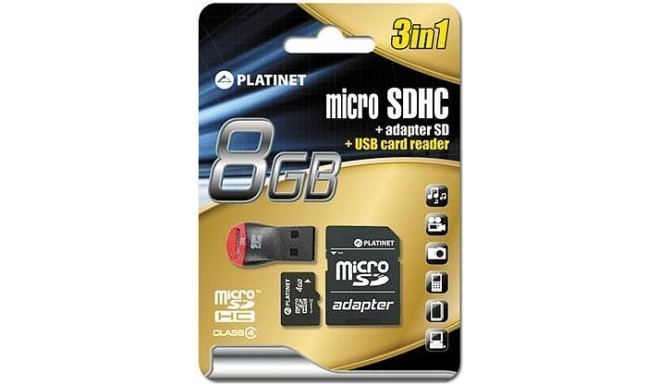 Platinet mälukaart microSDHC 8GB + kaardilugeja + adapter