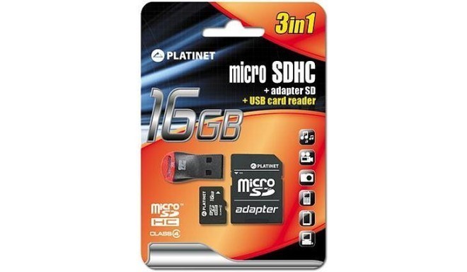 Platinet карта памяти microSDHC 16GB + считыватель + адаптер