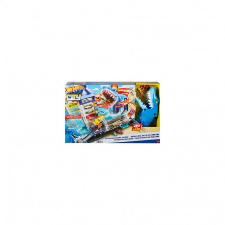 Hot Wheels City Track Set and 1:64 Scale Toy Car, Shark Escape, Multi-Level Playset