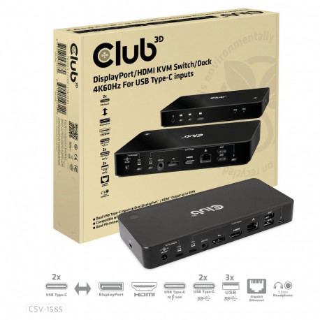 Club3D KVM-lüliti 4K60Hz 2x USB-C> HDMI/DP/3xUSB/2xUSB-C/LAN