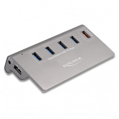 Delock USB 10 Gbps jaotur 4 USB Type-A pordi ja 1 kiirlaadimispordiga, koos toiteplokiga