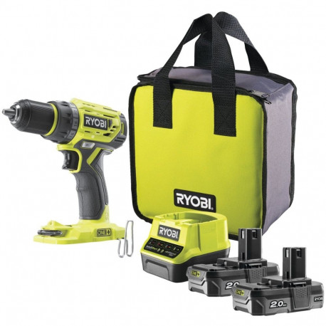 Ryobi ONE+ cordless drill/driver R18DD7-220S, 18 volts (green/black, 2x Li-ion battery 2.0 Ah, bag)