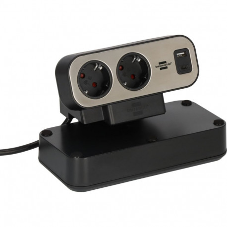 Brennenstuhl estilo Duplex 9-way table power strip, 2x USB, black/silver, 2-meter cable, USB-A, USB-