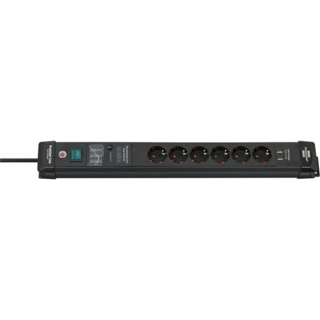 Premium-Line pistikupesa 6-kohaline 3Meter 60.000A ülepinge kaitse 2x USB-A, must