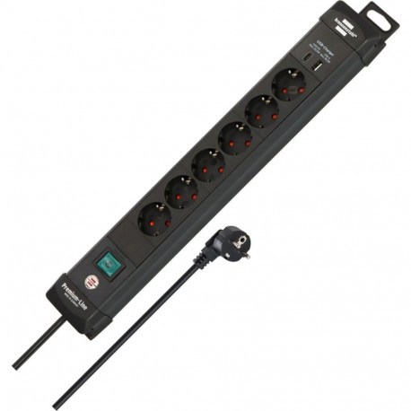 Premium-Line pistikupesa 6-pesaline 2x USB (USB-A, USB-C) 3m kaabel ohutuslülitiga, must