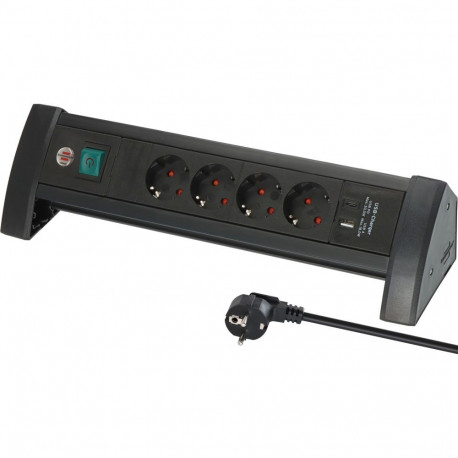 Premium-Office-Line Steckdosenleiste 4-fach, 2x USB, für den Schreibtisch (schwarz, 1,8 Meter Kabel,