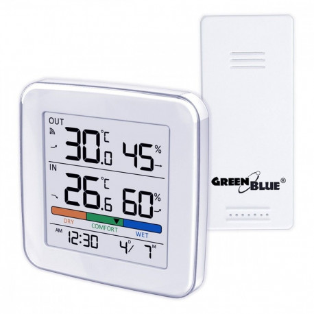 The GreenBlue GB169 is a modern wireless weather station featuring a large, high-qu