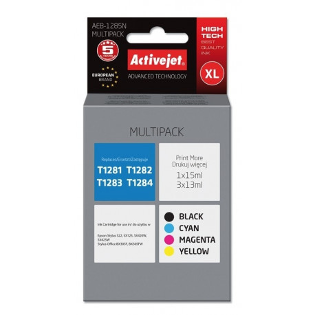 Activejet AEB-1285N tindikassett (asendus Epson T1281, T1282, T1283, T1284; Supreme; 1 x 15 ml, 3 x 