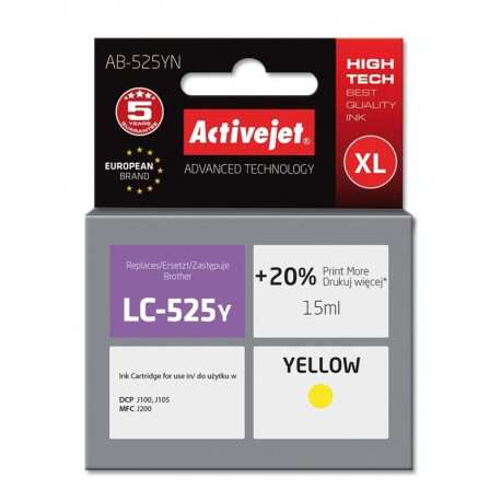 Activejet AB-525YN tindikassett (asendus Brother LC525Y; Supreme; 15 ml; kollane)
