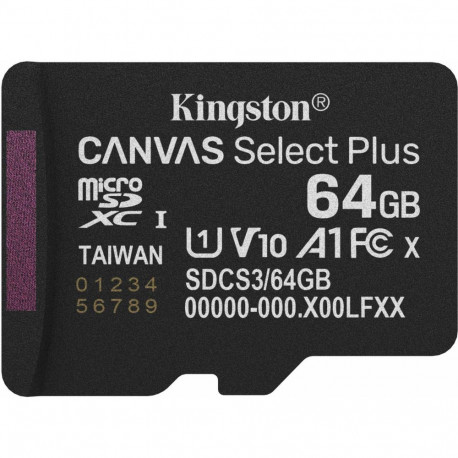 Kingston Canvas Select Plus 64 GB MicroSDXC memory card, black, UHS-I U1, Class 10, V10