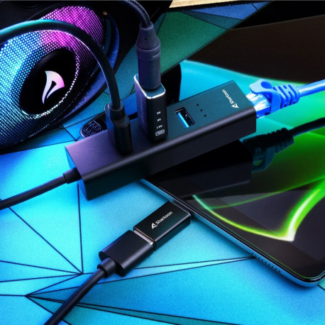 USB 3.2 Gen 1 3-Port alumiiniumist jaotur Ethernetiga, must
