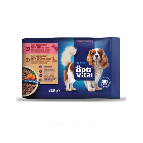 Dog Food - OptiVital Tasty Shreds Beef & Duck in Gravy 4x85g