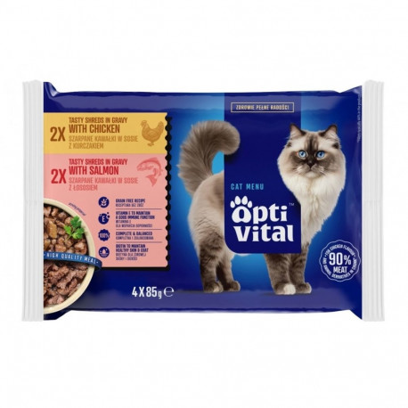 Cat Food - OptiVital Shreds in Gravy Chicken Salmon 4x85g
