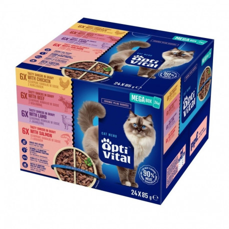 Pet Food - OptiVital Wet Cat Food 24x85g Chicken Beef Lamb Salmon Gluten-Free
