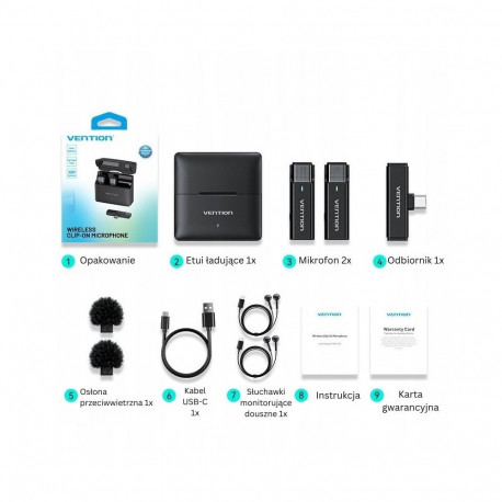 Microphone - Vention USB-C Wireless Microphones Set of 2, 30h Battery, Noise Reduction