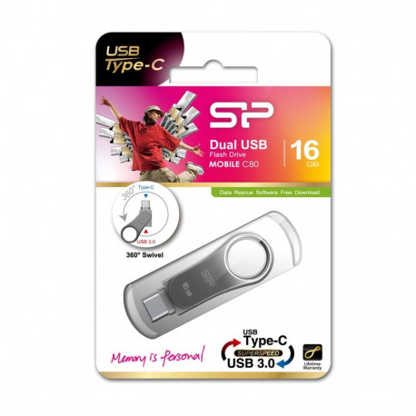 USB Flash Drive - Silicon Power Mobile C80 16GB USB Type-A/Type-C Titanium