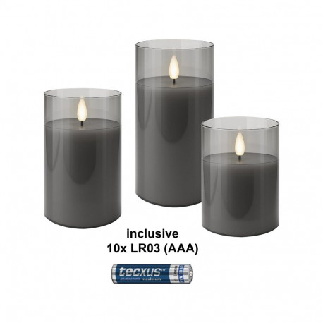 Goobay 3-osaline LED pärisvahast küünalde komplekt klaasis, hall-läbipaistev, sisaldab 10x AAA (LR03