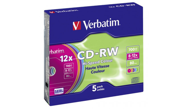 1x5 Verbatim CD-RW 80 / 700MB 10x kiirus, värviline, õhuke