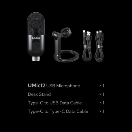 Microphone - Godox UMic12 USB Condenser Cardioid with Headphone Jack Black