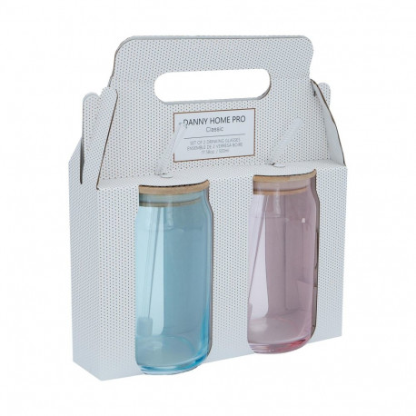 Joogipurgid CLASSIC 2tk 500ml sinine/roosa, kaanega ja klaasist kõrrega