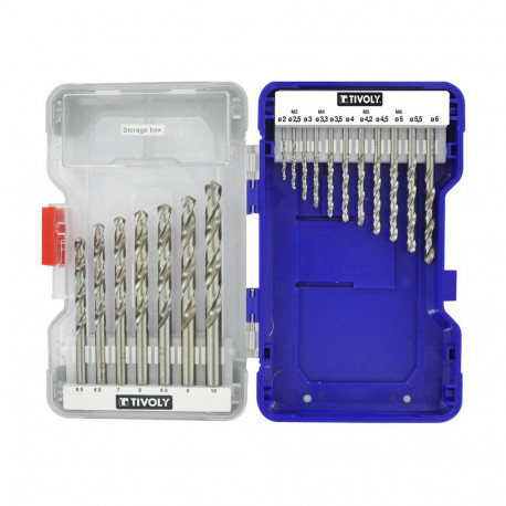 Tivoly Metal Drill Bit Set – 18-Piece Ø2–10 mm, Split-Point, 30° N-Flute, HSS, Cylindrical Shank, RA