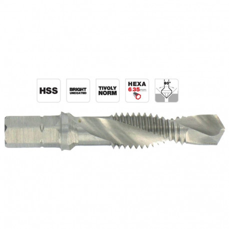 Combi tapping drill bit M5x0.8, HSS, 1/4" hex shank
