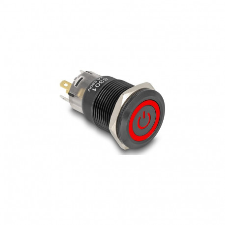 "Druckschalter zum Einbau schwarz 19 mm 12 V 5 x Lötanschluss rastend LED rot Powersymbol + Ring"