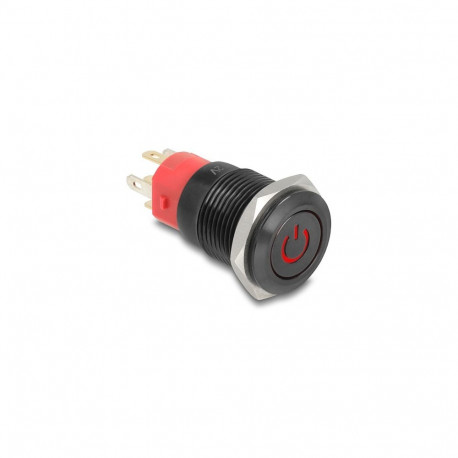 "Druckschalter zum Einbau schwarz 16 mm 12 V 5 x Lötanschluss LED rot Powersymbol + Ring"