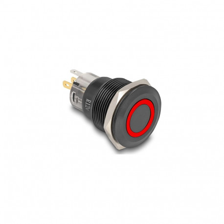 "Druckschalter zum Einbau schwarz 22 mm 12 V 5 x Lötanschluss rastend LED rot Ring"