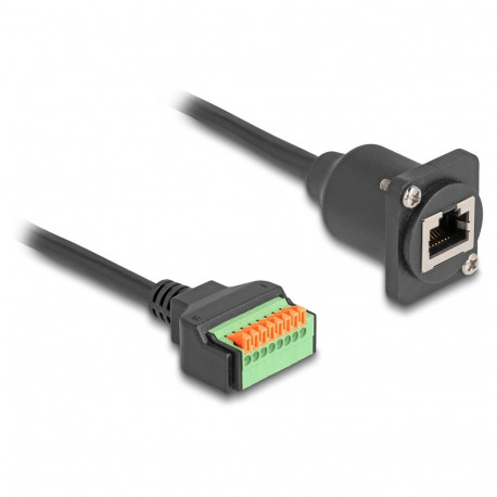 "Delock D-Typ Kabel RJ45 Buchse zu Terminalblock mit Drucktaster Cat.5e schwarz 30 cm"
