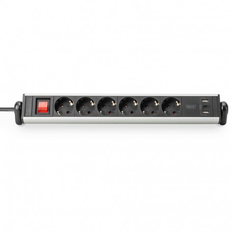 Office-Steckdosenleiste 6-fach, 3x USB (silber/schwarz, 1,5 Meter Kabel, Schalter)