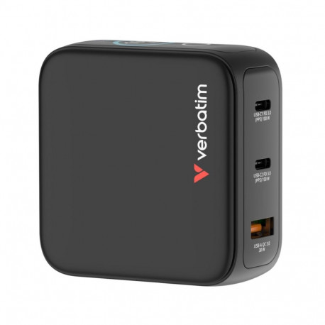 USB-laadija seinapesasse Verbatim Mini GaN displeiga - 100W, 2xUSB-C Power Delivery (PD3.0), USB-A Q