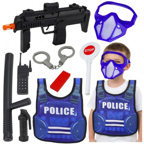 Politseikomplekt vest, püss, mask, raadiosaatja ja tarvikud